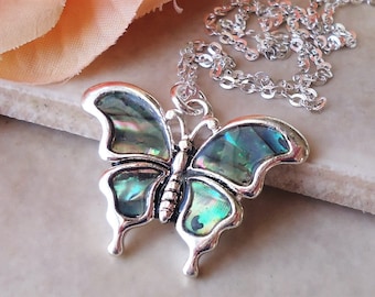 Butterfly Pendant Necklace Abalone Shell Rainbow Silver Chain Dragonfly Bridal Bridesmaid Small Layering Honey Bee Gift Handmade