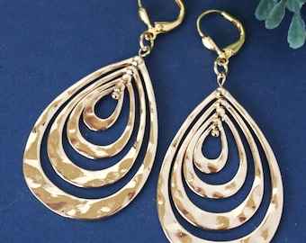 Gold Metal Dangle Earrings: Hammered Teardrop, Modern Statement Jewelry, Gift, Handmade
