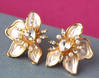 White Flower MOP Stud Post Earrings, Jeweled Crystal Rhinestone, Bridal Statement Jewelry, Gift, Handmade