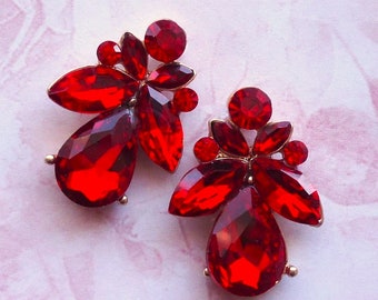 Red Garnet Crystal Stud Earrings Ruby Post Earrings Jeweled Gold Bridal Cluster Earrings Bridesmaid Formal Gift Handmade