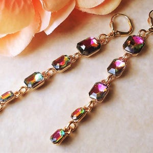 Long Emerald Green Dangle Earrings, Aurora Borealis, Swarovski Crystal, Rhinestone, Tear Drop, Gold, Bridal, Formal, Statement, Handmade