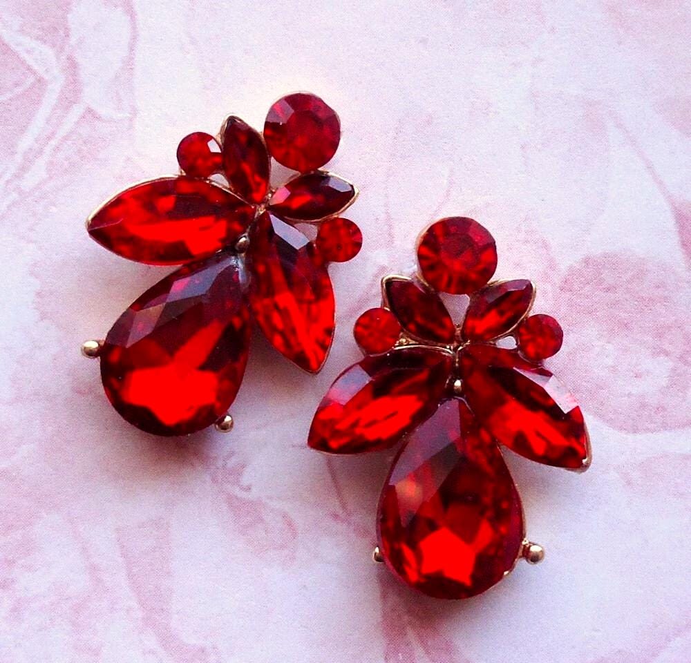 Red Garnet Crystal Stud Post Earrings, Jeweled, Gold, Bridal
