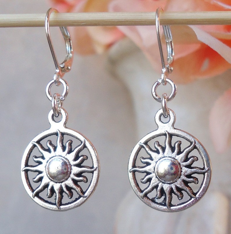 Handmade. Tiny Sun Dangle Earrings.Metal earrings.Circle Drop Earrings.Silver.Small earrings.Clip On Earrings.Bridal.Floral.Sun Charm.Gift
