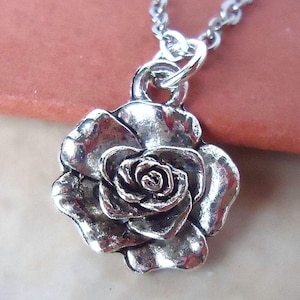 Rose Pendant Necklace, Silver Chain, Flower Earrings, Small Necklace, Metal, Charm, Bridal, Floral, Gift, Birthday, Handmade