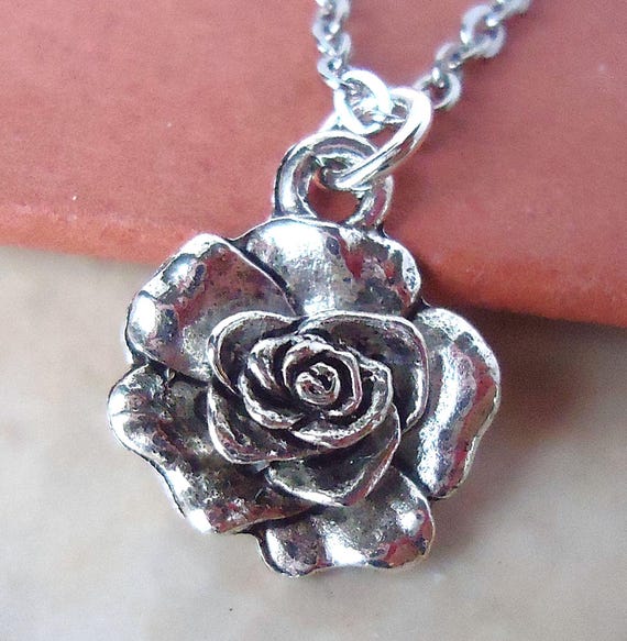 Rose Pendant Necklace, Silver Chain, Flower Earrings, Small