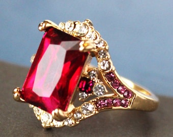 Red Garnet Crystal Rhinestone Cocktail Ring: Gold Bridal Statement Jewelry, Gift, Handmade