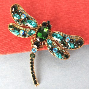 Large Emerald Green Dragonfly Brooch, Rhinestone Pin, Jeweled, Crystal, Bridal, Insect Brooch, Butterfly, Gold, Statement, Gift, Handmade