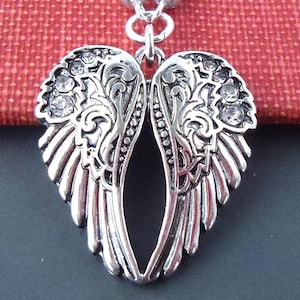 Angel Wing Pendant Necklace, Jeweled, Crystal, Metal, Silver Chain, Lucky, Bridal, Bridesmaid, Gemstone,  Layering, Gift, Handmade