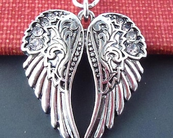 Angel Wing Pendant Necklace, Jeweled, Crystal, Metal, Silver Chain, Lucky, Bridal, Bridesmaid, Gemstone,  Layering, Gift, Handmade