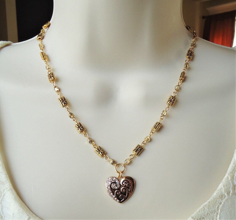 Heart Pendant Necklace.Crystal.Metal.Gold.Chain.Valentine.Lucky.Bridal.Bridesmaid.Small.Vintage.Statement.Bohemian.Friendship.Gift.Handmade.
