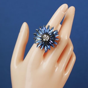 Blue Sapphire Crystal Ring, Rhinestone Ring, Cocktail Ring, Jeweled Ring, Navy Blue Ring, Bridal, Gold, Statement, Formal, Gift, Handmade