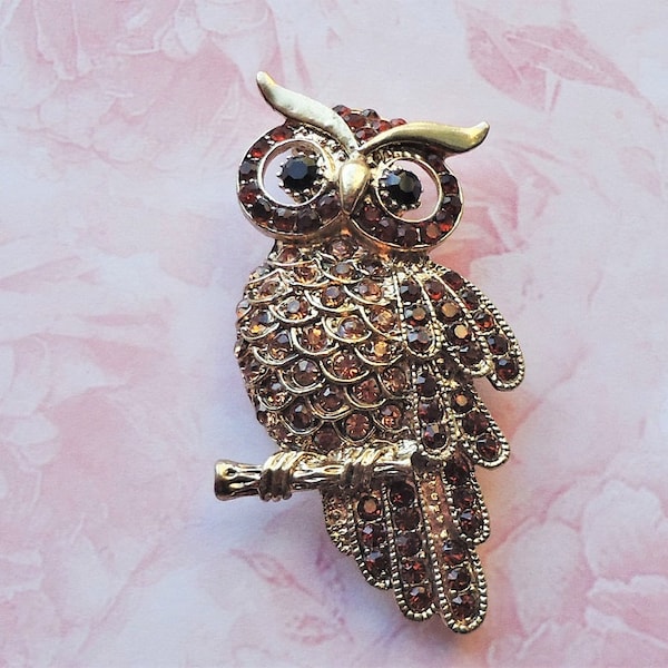 Owl Brooch Pin Jeweled Crystal Rhinestone Bridal Bridesmaid Insect Bird Dragonfly Bug Gold Multi Colors Pink Animal Vintage Gift Handmade