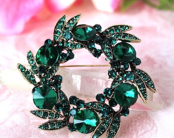 Emerald Green Crystal Brooch Pin Jeweled Sapphire Rhinestone Bridal Bridesmaid Floral Brooch Gold Wedding Formal Sash Gift Handmade