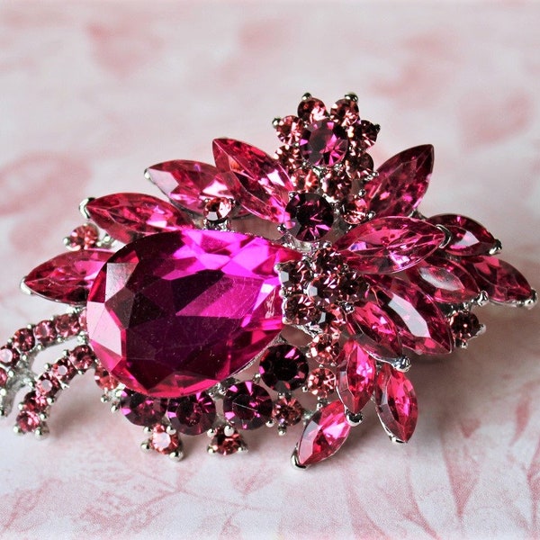 Hot Pink Crystal Brooch Pin Jeweled Fuchsia Blush Rhinestone Bridal Bridesmaid Floral Silver Wedding Vintage Formal Sash Gift Handmade