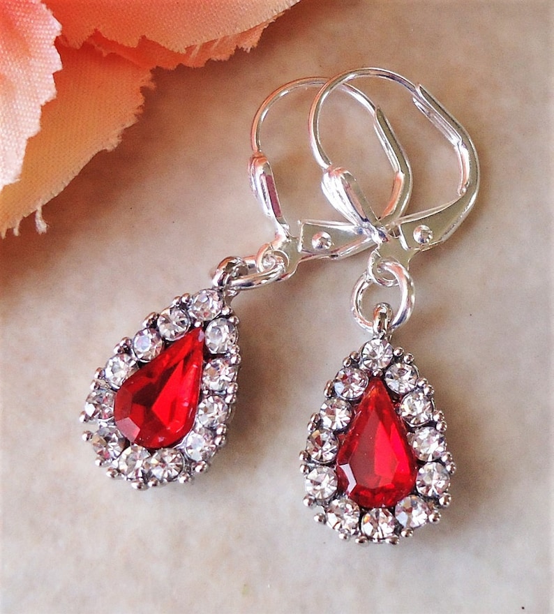 Tiny Red Garnet Crystal Dangle Earrings.Rhinestone.Tear Drop.Ruby.Dainty.Silver.Bridal.Bridesmaid.Small.Jeweled.Vintage.Statement.Handmade.