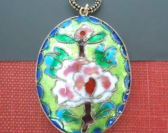 Cloisonné Flower Pendant Chain Necklace, Enamel Lotus, Bridal Statement Jewelry, Gift, Handmade
