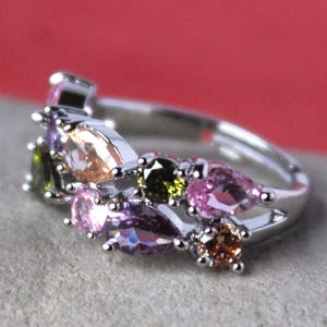 Multi Color Crystal Cocktail Ring: Silver Jeweled Rhinestone, Bridal Statement Jewelry, Gift, Handmade