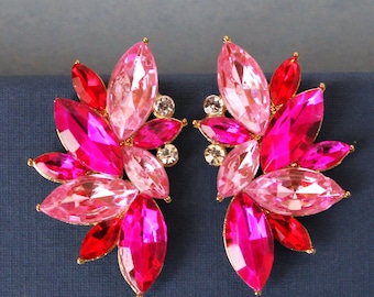 Hot Pink Crystal Post Earrings, Swarovski Rhinestone Statement Jewelry, Handmade