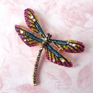 Dragonfly Brooch Pin Jeweled Crystal Rhinestone Bridal Bridesmaid Insect Brooch Butterfly Bug Gold Pink Green Statement Gift Handmade