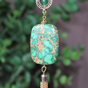 Green Empress Stone Pendant Long Necklace Crystal Tassel Gold Dainty Chain Beaded Bridal Layering Vintage Boho Modern Emerald Handmade