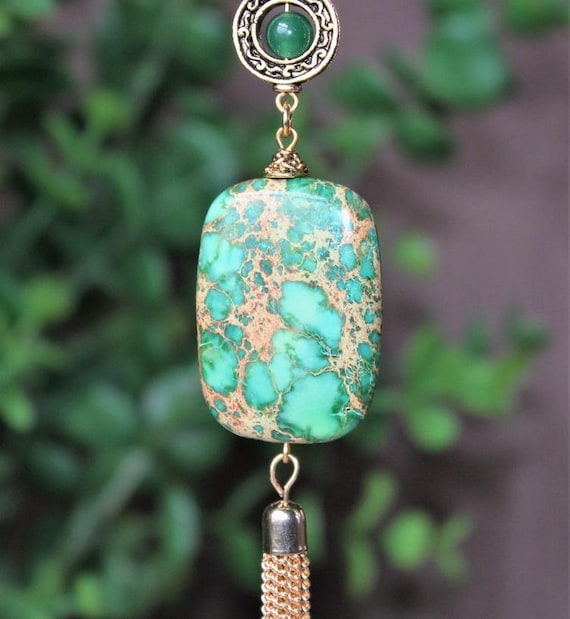 Green Empress Stone Pendant Long Necklace Crystal Tassel