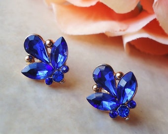 Tiny Blue Sapphire Crystal Stud Earrings Post Earrings Jeweled Gold Bridal Cluster Earrings Bridesmaid Navy Vintage Small Gift Handmade