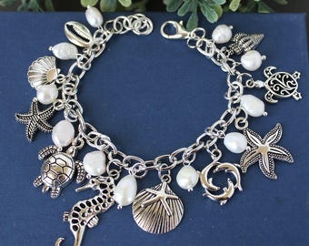 Sea Animal Charm Bracelet, Freshwater Pearls, Seahorse, Turtle, Starfish, Dolphin, Shell, Beach Jewelry, Handmade