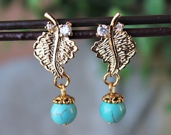 Leaf Dangle Earrings Turquoise Gemstone Crystal Metal Gold Silver Post Earrings Stud Bridal Statement Blue Dainty Valentine Gift Handmade