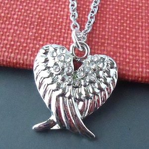 Angel Wing Pendant Necklace, Jeweled, Crystal, Silver Chain, Lucky, Bridal, Rhinestone, Double Wings, Protection, Gift, Handmade