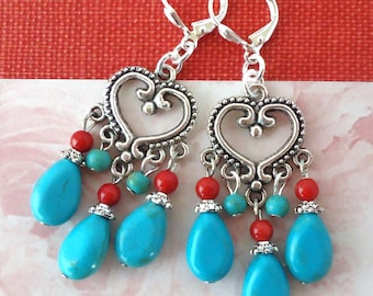 Turquoise & Coral Gemstone Dangle Earrings, Silver Heart Chandelier, Statement Jewelry, Gift, Handmade