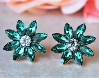 Emerald Green Crystal Stud Earrings Post Earrings Jeweled Gold Bridal Cluster Flower Bridesmaid Formal Vintage Small Star Gift Handmade