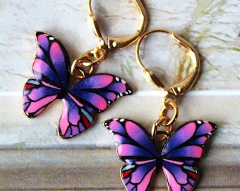 Boucles d'oreilles pendantes papillon violet rose peint émail cloisonné or délicat mariée libellule colorée goutte cadeau fait main