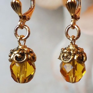 Topaz Dangle Earrings Crystal Drop Gold Bridal Statement Small Rhinestone Formal Citrine Bold Boho Gift Handmade