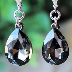 Smoky Black Crystal Dangle Earrings, Grey, Rhinestone, Tear Drop, Black, Silver, Bridal, Bridesmaid, Gemstone, Small, Statement, Handmade