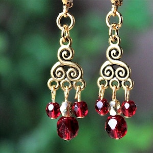 Garnet Crystal Chandelier Earrings: Red Dangle Drop, Bridal Statement Jewelry, Gift, Handmade