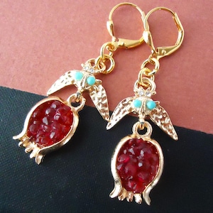 Pomegranate Dangle Earrings, Red Fruit, Gold, Turkish Jewelry, Fertility, Doula, Jeweled, Pomegranate Seed, Rebirth, Gift, Handmade
