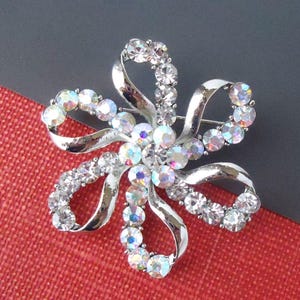 Crystal Brooch Pin Jeweled Aurora Borealis Rhinestone Bridal Bridesmaid Floral Brooch Silver Wedding Vintage Formal Sash Gift Handmade