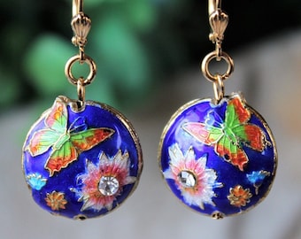 Butterfly Cloisonne Dangle Earrings Blue Orange Green Painted Enamel Gold Dainty Bridal Colorful Dragonfly Statement Gift Handmade