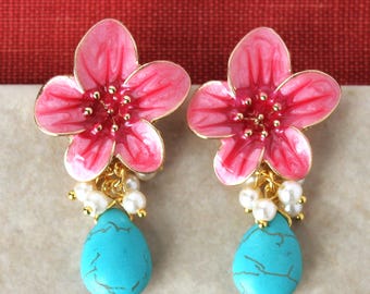 Pink Orchid Flower Post Earrings: Gold Enamel Floral Dangle, Turquoise Pearl Jewelry, Gift, Handmade