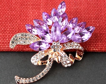 Purple Crystal Rhinestone Brooch: Rose Gold Floral Wreath Pin, Bridal Statement Jewelry, Gift, Handmade