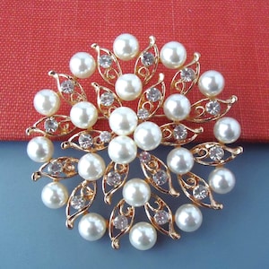 Pearl Crystal Brooch Pin Jeweled White Pearl Rhinestone Bridal Bridesmaid Floral Gold Wedding Vintage Formal Sash Gift Handmade