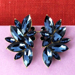 May include: A pair of stud earrings featuring a cluster of marquise-cut dark blue crystals arranged in a leaf-like pattern. Each earring is set in a gold-toned metal base, showcasing multiple faceted stones of varying sizes that create a layered, fan-shaped design.