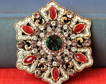 Red Green Crystal Brooch, Rhinestone Floral Pin, Vintage Inspired Statement Jewelry, Gift, Handmade