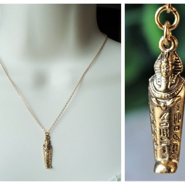 Egyptian Mummy Pendant Necklace Hieroglyphs Pharaoh Sarcophagus Gold Chain Ancient Goddess King Art Statement Museum Gift Handmade