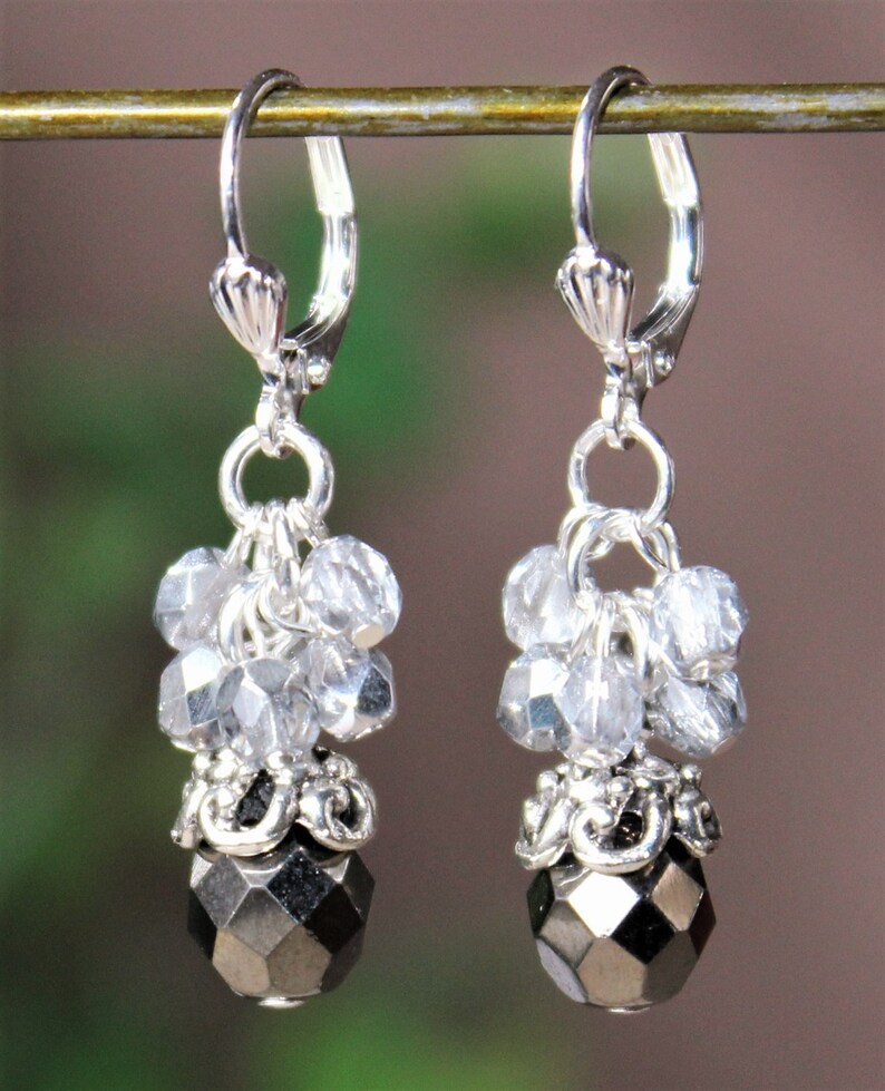 BlackWhite Dangle Earrings.Hematite Crystal Cluster.Bridal.Statement.Chandelier.Long Earrings Clip-On Earrings.Formal.Big.Boho.Handmade.