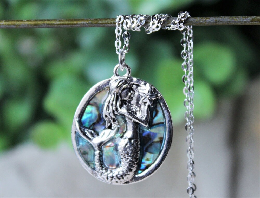 Mermaid Pendant Necklace, Abalone Shell, Sea Goddess, Hammered, Metal, Silver Chain, Bridal, Venus, Mystical, Statement, Gift, Handmade