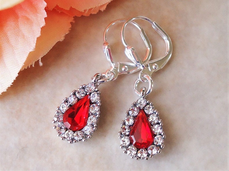 Tiny Red Garnet Crystal Dangle Earrings.Rhinestone.Tear Drop.Ruby.Dainty.Silver.Bridal.Bridesmaid.Small.Jeweled.Vintage.Statement.Handmade.