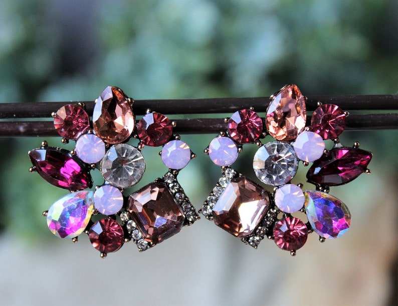 Multi Colors Stud Earrings.Crystal.Post Earrings.Jeweled.Aurora Borealis.Gold.Bridal.Cluster.Bridesmaid.Gemstone.Formal.Big.Gift.Handmade.