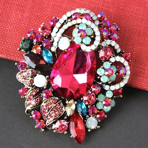 Large Hot Pink Crystal Brooch, Rhinestone Pin, Jeweled, Fuchsia, Blush, Bridal, Floral, Gold, Wedding, Vintage, Formal, Sash, Gift, Handmade