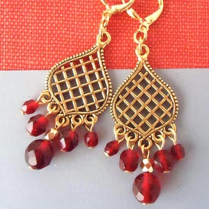 Garnet Dangle Earrings, Red Crystal Drop, Bridal, Statement, Chandelier, Long Earrings, Cluster, Ruby, Rhinestone, Formal, Gift, Handmade